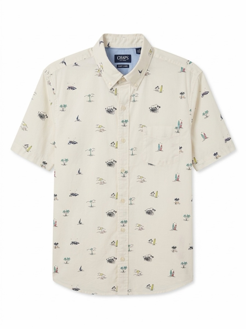 White Cotton Blend Short-Sleeve Button-Down Shirt All Over Beach Surf Print LG